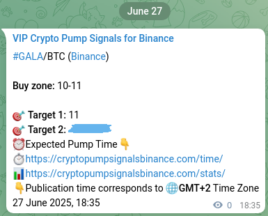 Trading signal proof: GALA pump from Binance, 27 June 2025, 18:38