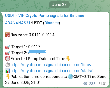Crypto trading signal proof: BANANAS31 pump on Binance, 27 June 2025, 23:00