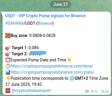 Crypto pump signal proof: SAHARA on Binance, 28 June 2025, 02:30