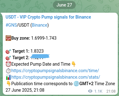 Binance pump signal data for GNS at 28 June 2025, 06:38