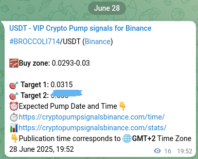 Binance trading signal confirmation for BROCCOLI714 pump, 28 June 2025, 20:18