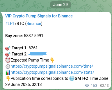 Crypto pump signal proof: LPT on Binance, 29 June 2025, 06:46