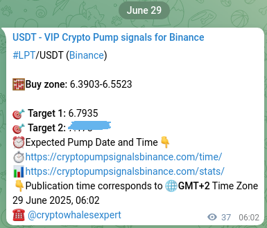 Binance pump signal data for LPT at 29 June 2025, 07:04