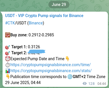 Real-time proof of CTK pump signal on Binance, 29 June 2025, 08:17