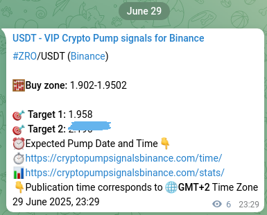 Crypto trading signal verification: ZRO pump on Binance, 29 June 2025, 23:38