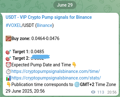 Binance pump signal proof for VOXEL on 30 June 2025, 00:05