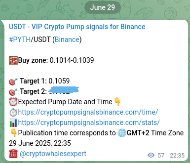 Binance trading signal proof for PYTH pump, 30 June 2025, 00:10