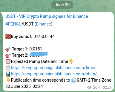 Binance signal verification for PENGU pump, 30 June 2025, 08:05