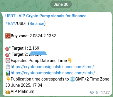 Proof of RAY pump signal on Binance at 30 June 2025, 17:44