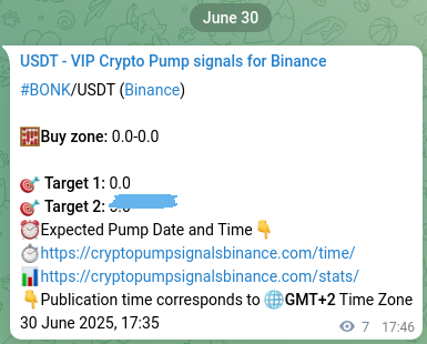 Binance pump signal proof for BONK on 30 June 2025, 17:48