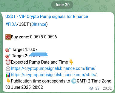 Crypto trading signal proof: FIDA pump on Binance, 30 June 2025, 20:40