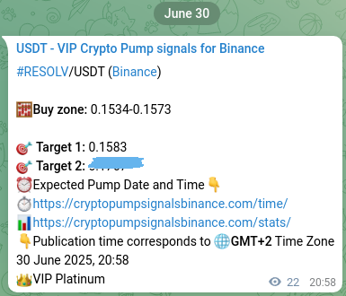 Crypto pump signal analytics for RESOLV on Binance, 30 June 2025, 21:33