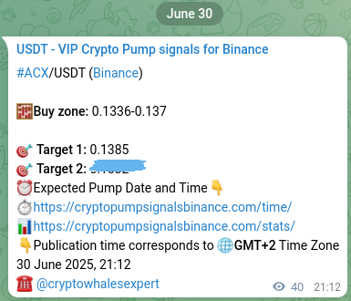 Binance signal verification for ACX pump, 30 June 2025, 22:18