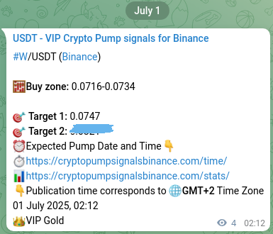 Binance pump signal data for W at 01 July 2025, 02:18