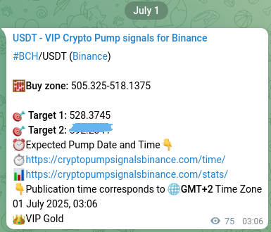 Authenticated BCH pump signal on Binance, 01 July 2025, 05:11