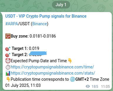 Crypto pump signal proof: ARPA on Binance, 01 July 2025, 16:10
