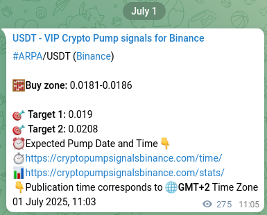 Crypto market signal proof: ARPA pump on Binance, 01 July 2025, 18:41
