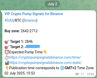 Crypto pump signal analytics for GAS on Binance, 02 July 2025, 16:10