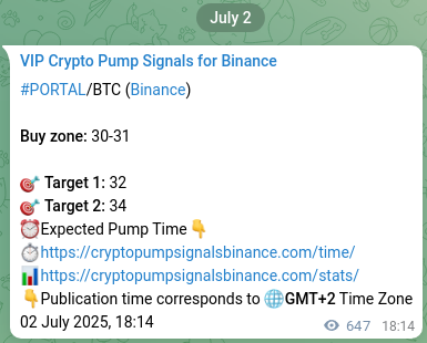 Binance pump signal data for PORTAL at 03 July 2025, 12:12