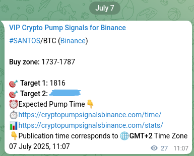 Crypto trading signal proof: SANTOS pump on Binance, 07 July 2025, 11:52