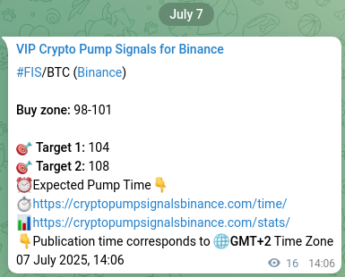 Crypto pump signal analytics for FIS on Binance, 07 July 2025, 14:34