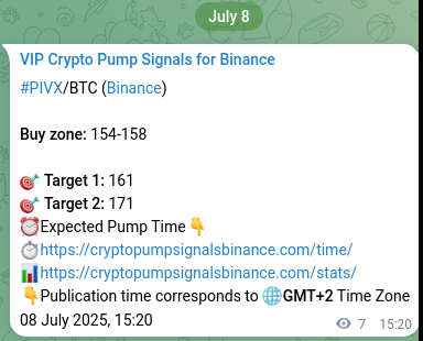 Binance pump signal proof for PIVX on 08 July 2025, 15:33