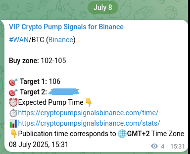 Binance pump signal proof for WAN on 08 July 2025, 15:38