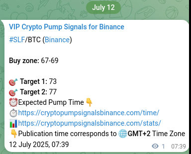 Crypto pump signal analytics for SLF on Binance, 12 July 2025, 07:42