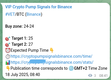 Binance pump signal proof for VET on 18 July 2025, 08:45