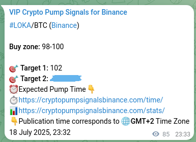 Crypto pump signal proof: LOKA on Binance, 19 July 2025, 01:54