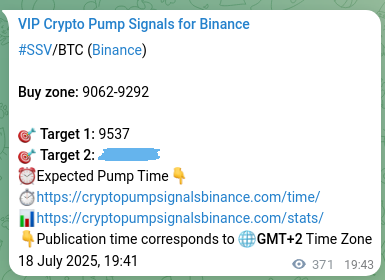 Crypto pump signal analytics for SSV on Binance, 19 July 2025, 06:01