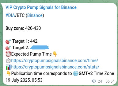 Crypto trading signal proof: DIA pump on Binance, 19 July 2025, 06:34