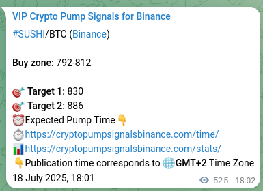 Crypto pump signal analytics for SUSHI on Binance, 19 July 2025, 08:37