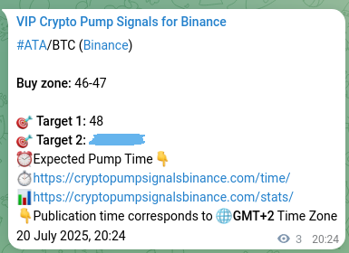 Crypto pump signal proof: ATA on Binance, 20 July 2025, 20:29