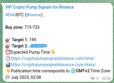 Binance pump signal proof for DIA on 21 July 2025, 02:16