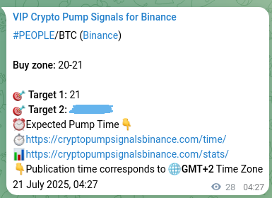 Trading signal proof: PEOPLE pump from Binance, 21 July 2025, 05:14