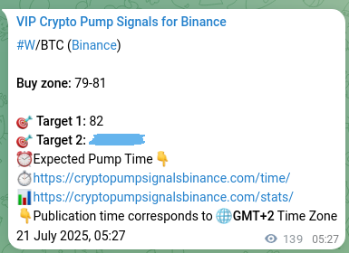 Proof of W pump signal on Binance at 21 July 2025, 09:15