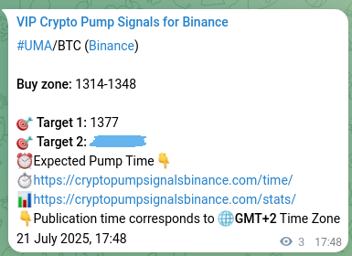 Signal performance: UMA pump authentication on Binance, 21 July 2025, 17:53