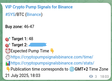 Signal documentation: SYS pump evidence on Binance, 21 July 2025, 18:09