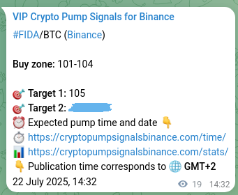 Trading evidence: FIDA signal performance on Binance, 22 July 2025, 15:04