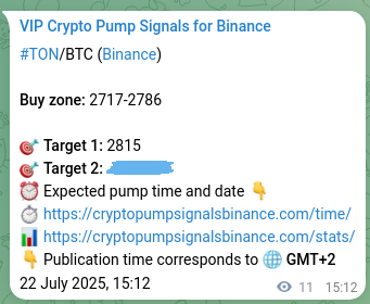 Trading signal proof: TON pump from Binance, 22 July 2025, 15:32