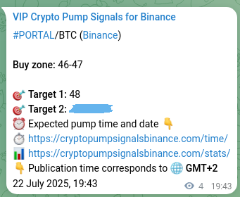 Pump evidence: PORTAL signal delivery on Binance, 22 July 2025, 19:49