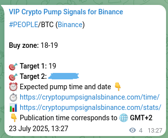 Pump evidence: PEOPLE signal delivery on Binance, 23 July 2025, 13:33