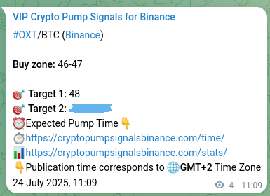 Crypto pump signal analytics for OXT on Binance, 24 July 2025, 11:16