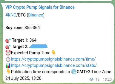 Crypto pump signal proof: KNC on Binance, 24 July 2025, 13:50