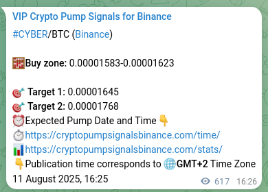 Crypto trading signal proof: CYBER pump on Binance, 12 August 2025, 09:35