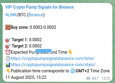 Binance trading signal proof for LINK pump, 12 August 2025, 14:37
