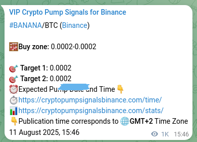 Binance trading signal proof for BANANA pump, 12 August 2025, 19:50