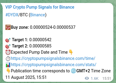 Binance trading signal proof for DYDX pump, 13 August 2025, 13:01