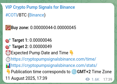 Proof of COTI pump signal on Binance at 13 August 2025, 13:40